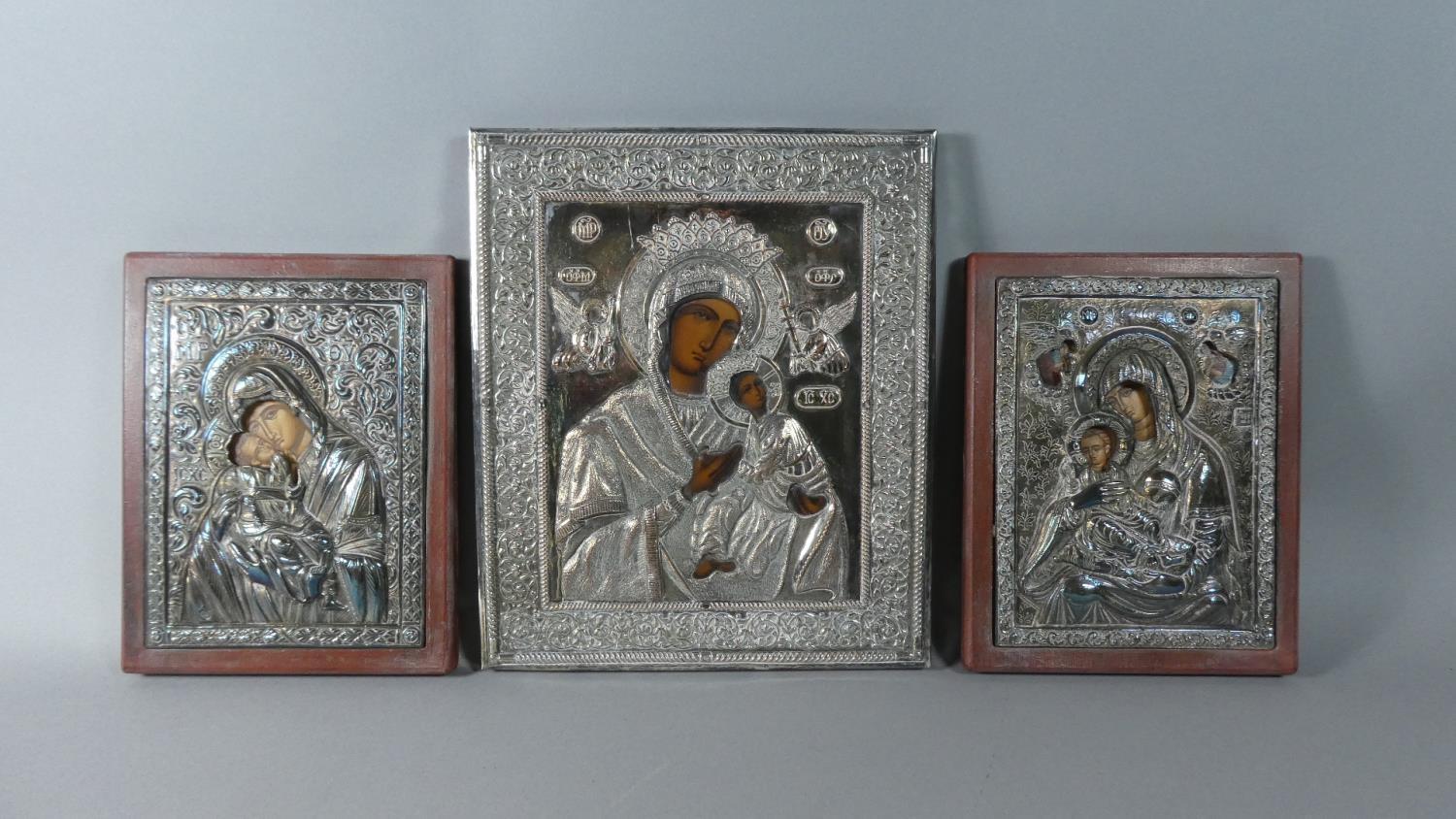 A Pair of Greek 950 Silver Wooden Framed Reproduction Byzantine Icons Depicting Virgin Mary and