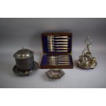 A Collection of Silver Plate to Include Three Piece Boiled Egg Cruet, Engraved Biscuit Barrel,