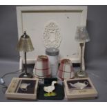 A Box of Sundries to Include Two Table Lamps, Shades, Stationery Holder, Fire Screen, Prints etc