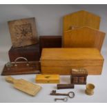 A Collection of Treen to Include Butter Pats, Magazine Rack, Inkstand, Card Index Box, Carved Panel,