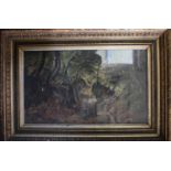 A Large Gilt Framed Oil Under Glass Depicting Girls Collecting Firewood. Signed Bottom Right D.