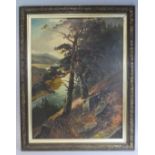 A Large Carved Oak Framed Oil on Canvas Depicting Pine Trees Over River Landscape, Unsigned, 54cm