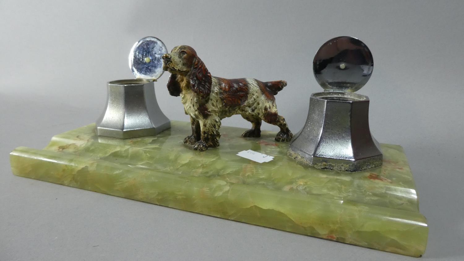 An Early 20th Century Art Deco Onyx Desk Stand with Pen Groove and Surmounted with Cold Painted - Image 2 of 2