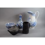 A Blue and White Toilet Jug "Ivanhoe" Pattern Together with Dutch Delft Vase, Oriental Bowl and