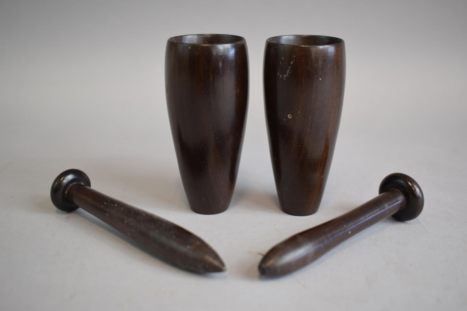 A Pair of Small 19th Century Lignum Vitae Pestles and Mortars. Mortars 8cms, Pointed Pestles with - Image 2 of 2