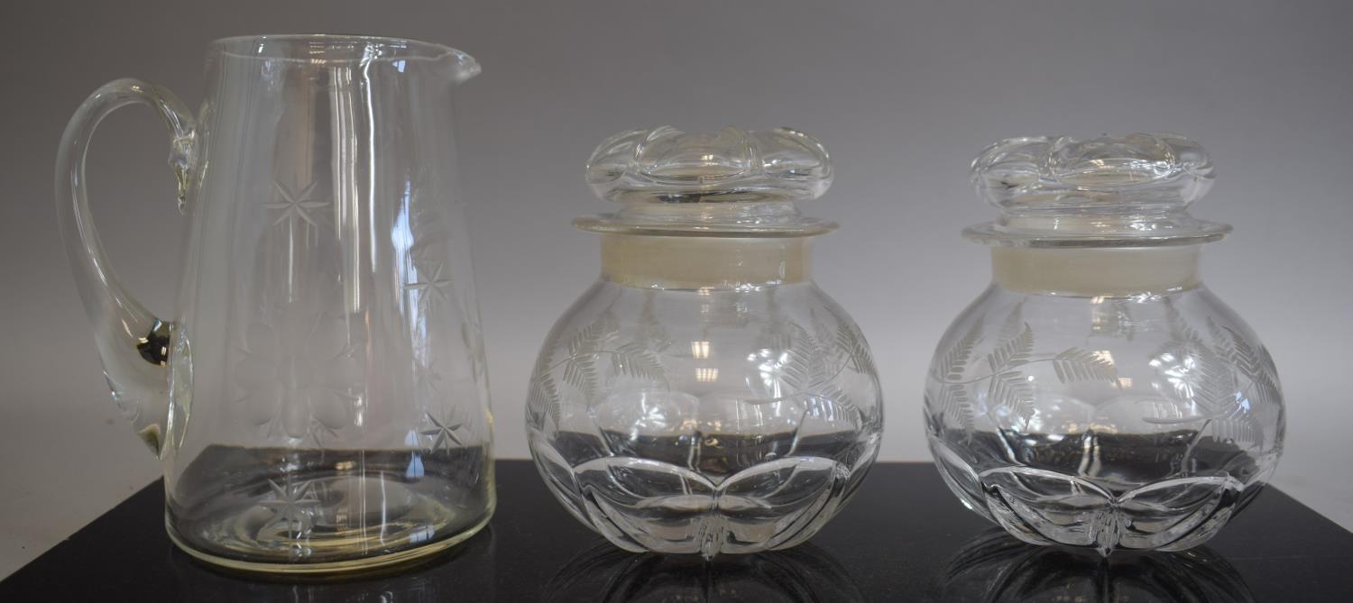 A Collection of Glassware to Include Pair of Etched and Thumb Cut Decanters (1 stopper af), Vases, - Image 3 of 3