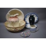 A Box of Ceramics to Include Toilet Jug and Bowls, Blue and White Plates, Oriental Dish, Vase,