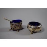 Two Silver Salts with Blue Glass Liners and a Salt Spoon. Birmingham and Sheffield Hallmarks