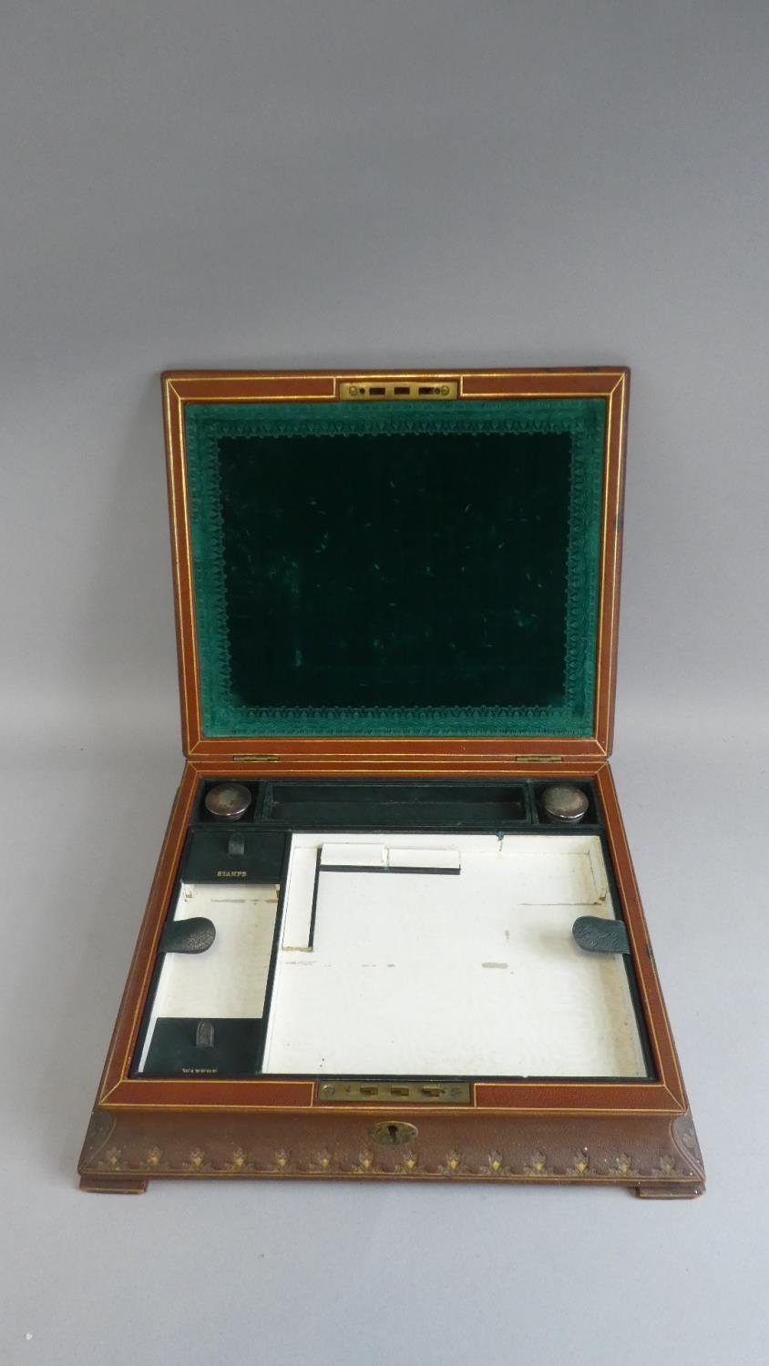 A Vintage Tooled Leather Writing Box with Hinged Lid to Fitted Interior, Removable Trays, Two - Image 2 of 2