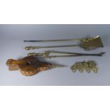 A Set of Three Brass Long Handled Fire Irons (shovel af), a Pair of Oak Bellows and a Brass Key