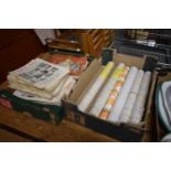 A Box Containing Six Rolls Vintage Wall Paper and Collection of I-See-All Magazines etc