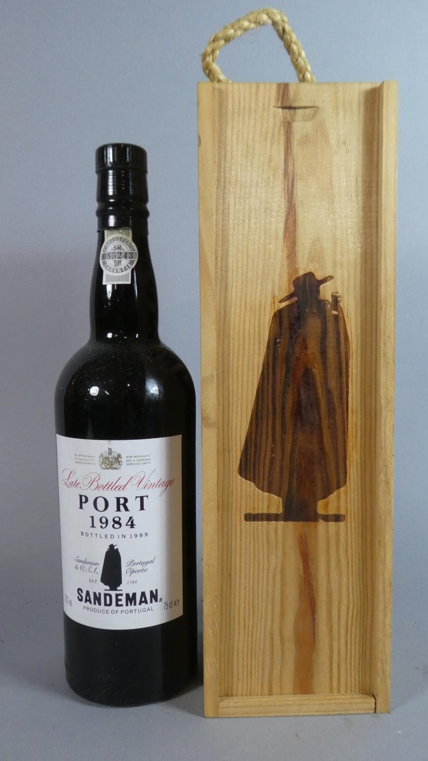 A Bottle of Sandeman Late Bottled Vintage Port 1984 in Original Wooden Case