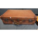 A Vintage Leather Suitcase, Catches and Strap AF. Monogrammed F.T.B. 71cm Wide.