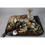 A Tray of Curios to Include 2 Vintage AA Badges, Puzzle Box, Stopwatch, Bangles, Cheroot Holder Etc.