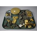 A Tray of Various Metal Wares to Include Gilt Coat Hooks, Brass Drawer Handles, Brass Pendulum Etc.