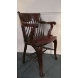 A Nice Quality Edwardian Oak Office Chair with Cabriole Front Legs and Scrolled Arms.