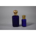 Two Small Cobalt Blue Glass Scent Phials with Gilt Metal Lids. Both Missing Inner Stoppers. 7.5cm