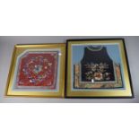 A Collection of Two Framed Oriental Embroidered Silk Panels, 34cm and 31cm Wide.