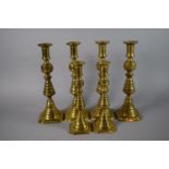 Three Pairs of Victorian Brass Candlesticks, the Tallest 27.5cm High.