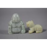 Two Small Oriental Carved Jadeite Items, Buddha and Temple Lion. Buddha 45cm High.