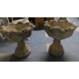 A Pair of Reconstituted Stone Garden Urns with Scalloped Rims, 48cm Diameter, 51cm High.