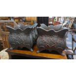 A Pair of Cast Metal Square Patio Planters with Relief Decoration and Scrolled Feet.
