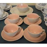 A Poole Pink Part Tea Set to Include 4 Cups and Saucers, Cake Plate and Sugar.