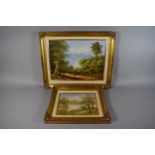 Two Gilt Framed Oils on Canvas, Lake Scenes. 39cm and 24cm Wide.
