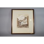 A Michael Hitchings Pen, Ink and Watercolour of Town Street and Shops. Dated 1986. 28cm x 23cm