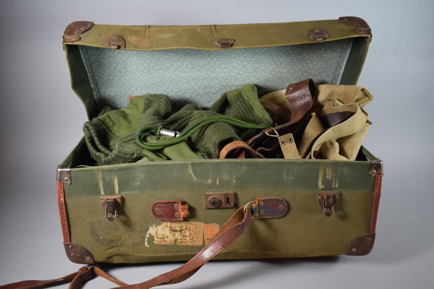 A Vintage Canvas Case Containing Canvas Knapsack, Leather Irving Bros Glasgow 1915 Sam Brown,