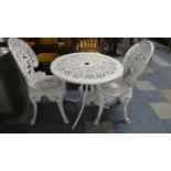 A White Painted White Metal 3 Piece Patio Table and Chair Set.