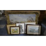 A Large Reproduction Gilt Picture Frame and a Collection of 5 Pictures and Prints.