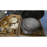 A Collection of Stoneware Jars and Bottles, a Galvanized Bucket, Aluminium Jam Pan and a Toleware