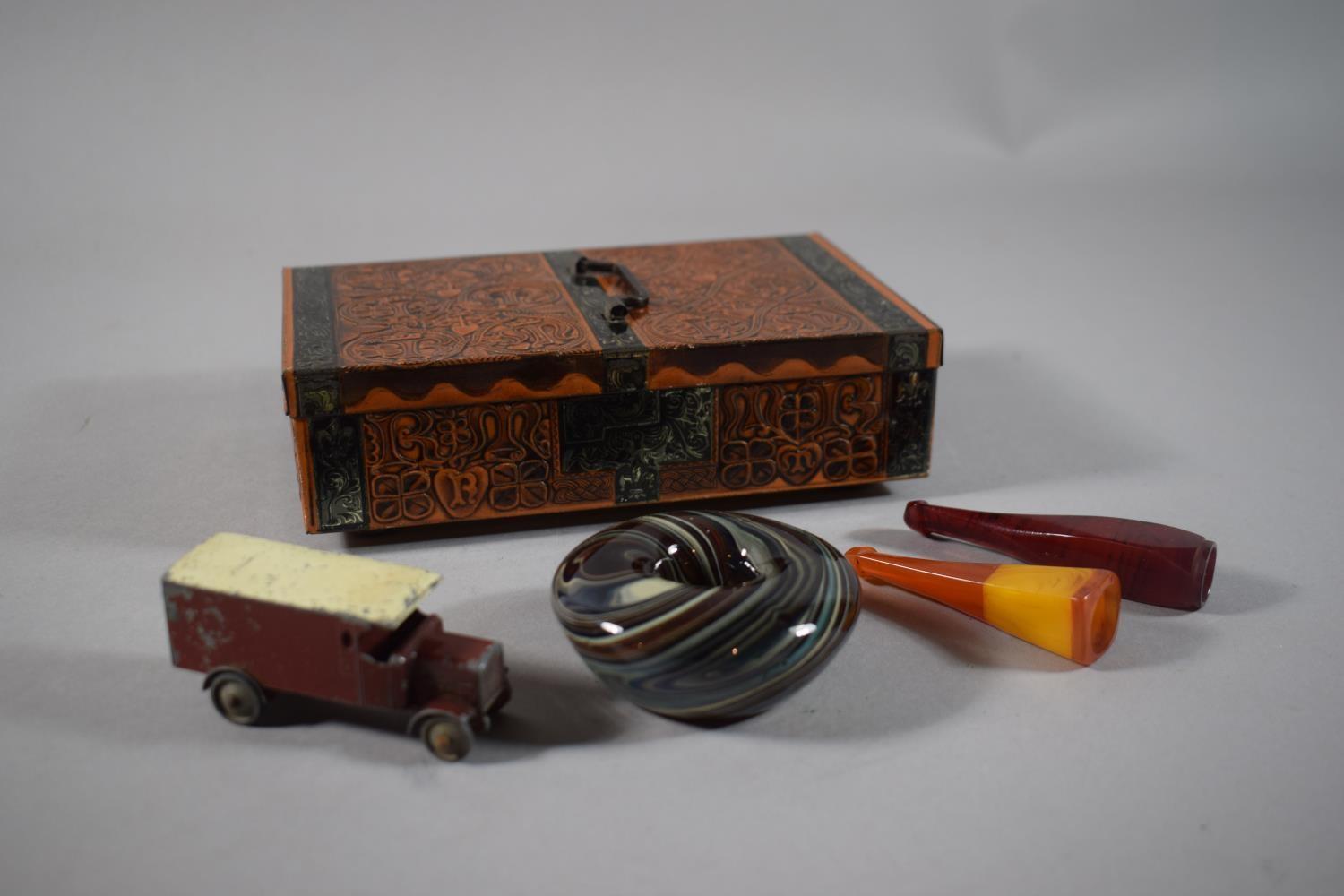 A Vintage Cadbury Tin, "Three British Queens" Containing Two Amber Cheroot Holders, Matchbox Leyland