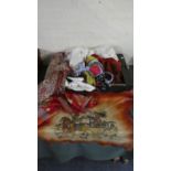 A Box Containing Printed Leather Panel, Embroideries, Silks, Lace etc