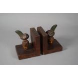 A Pair of Early 20th Century Oak Book Ends with Bird Mounts Having Glass Eyes, 10cm high