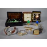 A Small Lacquered Box Containing Costume Jewellery, Three Wristwatches and a Pair of Novelty