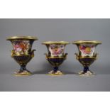 A Collection of Three 19th Century Derby Two Handled Vases with Hand Painted Floral Decoration,