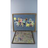 A Vintage Framed Embroidery of Children in School Yard and a "Fuzzy Felt" Collage