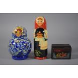 A Russian Lacquer Snuff Box of Sarcophagus Form, a Single Doll Containing Spirit Miniature Bottle