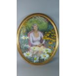 An Oval Gilt Framed Oil on Board Depicting Lady Seated in Garden, 70cm High