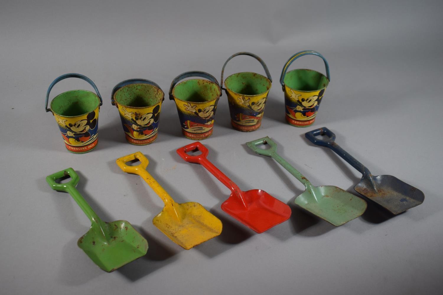 A Set of Five Vintage Mickey Mouse Toddler's Pails by Happynak Series England Together with Five
