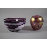 Two Signed and Dated Studio Glass Vases, Iridescent and Bowl 16cm Diameter