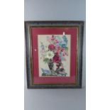 A Framed Embroidery Depicting Vase of Flowers and Figurine
