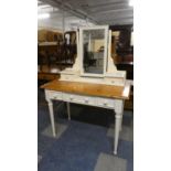 A Painted Pine Dressing Table with Three Drawers Under Stripped Top, Raised Mirror with Two Jewel