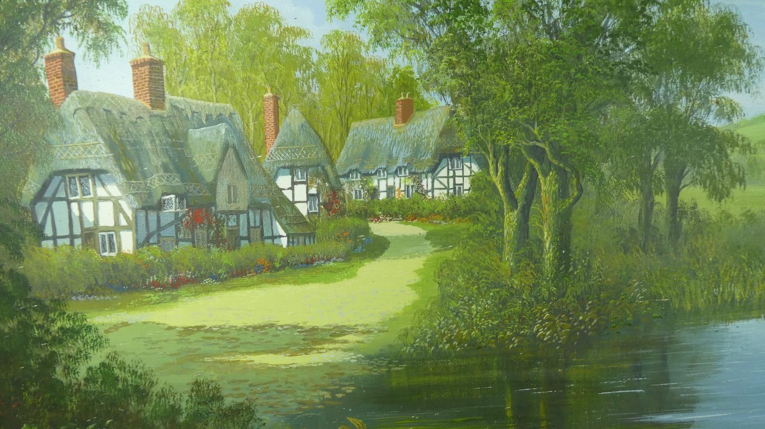 A Large Gilt Framed Oil on Canvas by Malcolm Gearing 1979 Depicting Half Timbered Cottages Bedside - Image 2 of 2