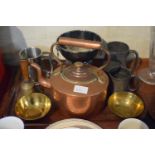 A Tray of Metalwares to Include Hand Bell Copper Kettle, Two Handled Trophy, Pewter Tankards etc