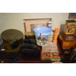 A Tray of Sundries to Include Carved African Wooden Ornaments, Mantle Clock, Child's Book, Candle