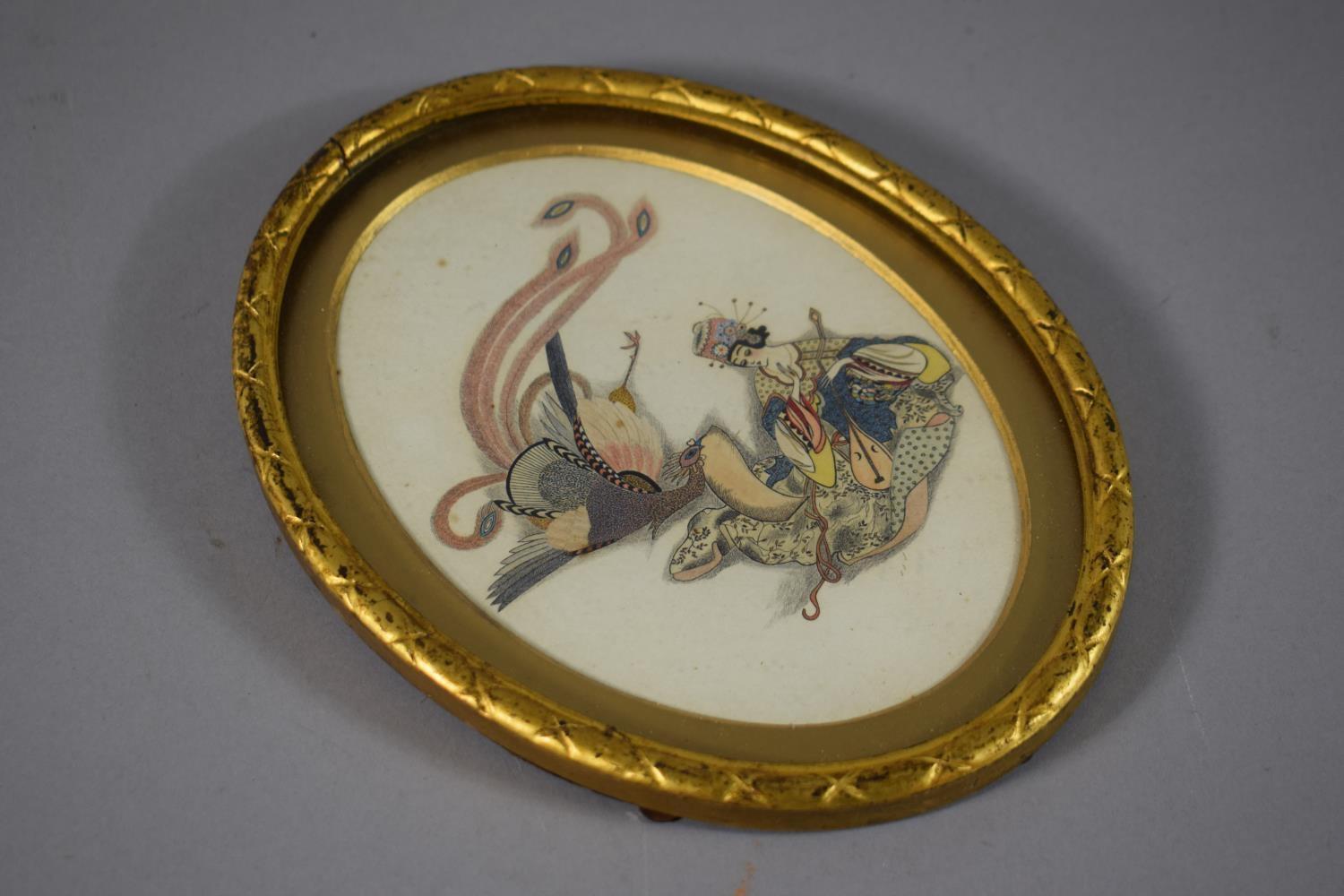A Gilt Framed Oval Study of Chinese Goddess with Peacock, 17cm High