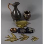 A Collection of Brass, Silver Plate and Pewter to Include Hot Water Jug, Vase, Swallow Ornaments,